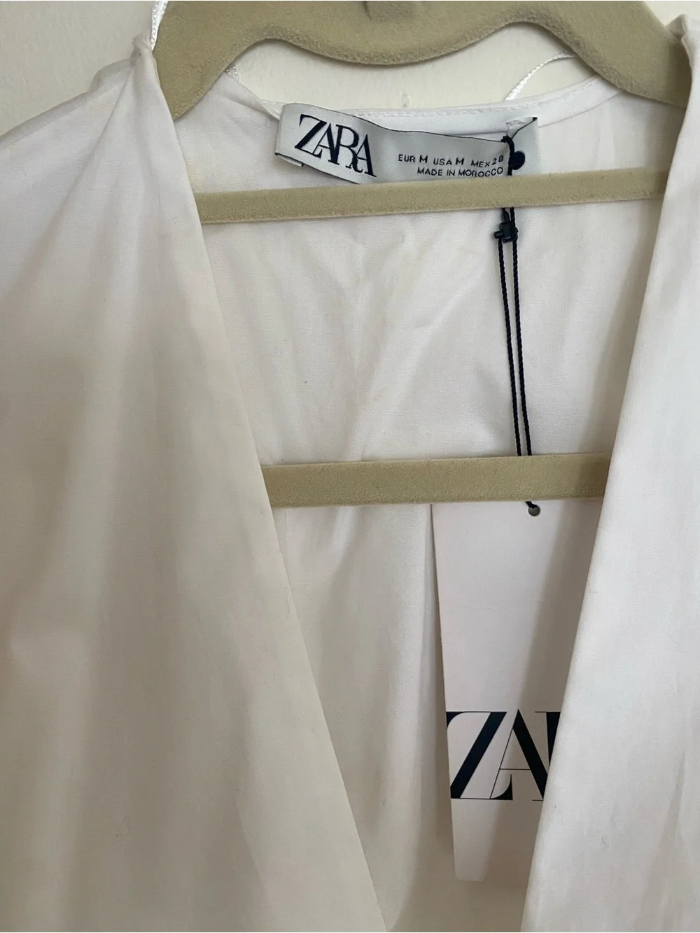 Zara White Plunging V-Neck Cropped Blouse with Covered Buttons
